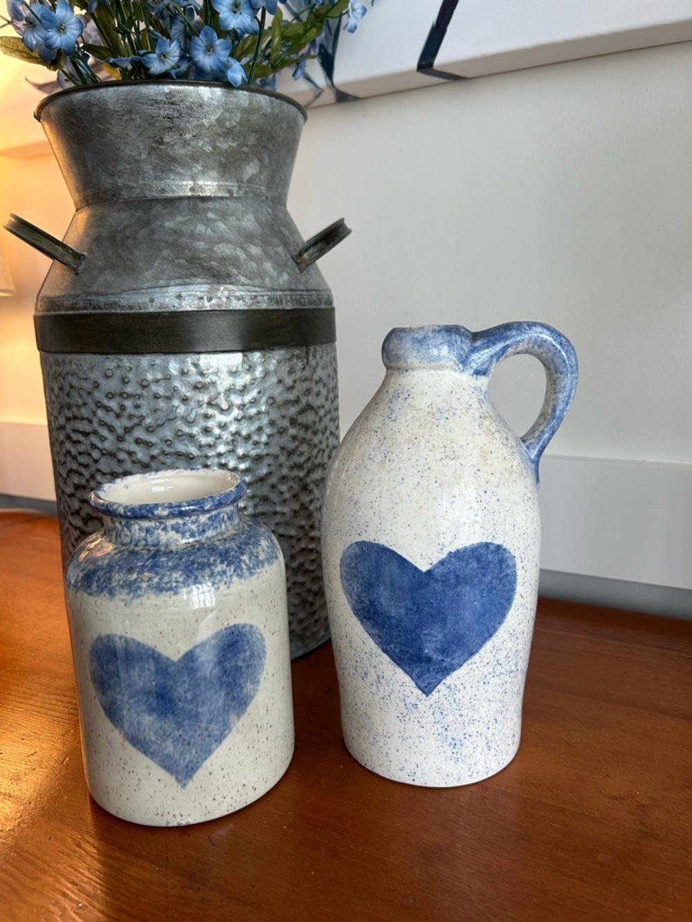 Blue stoneware Tabletop accents Rustic Heart motif Speckled blue Shelf decor EUC